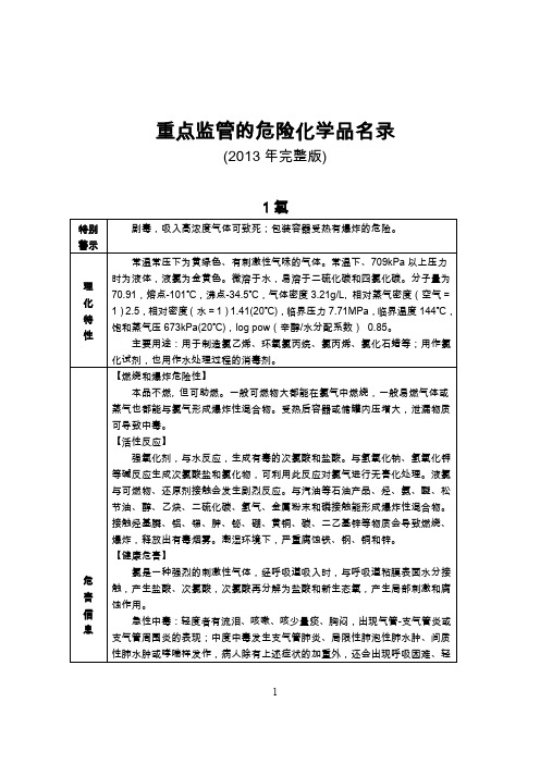 2013重点监管危险化学品名录(完整版)