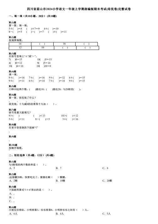 四川省眉山市2024小学数学一年级上学期部编版期末考试(培优卷)完整试卷