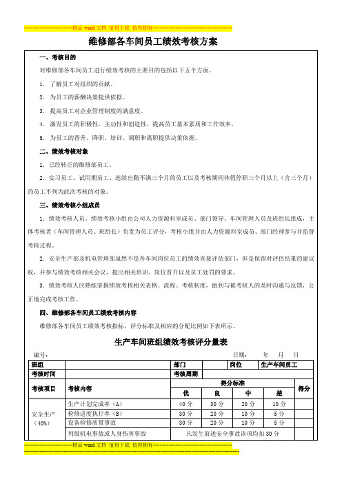 维修部各车间员工绩效考核方案评分表