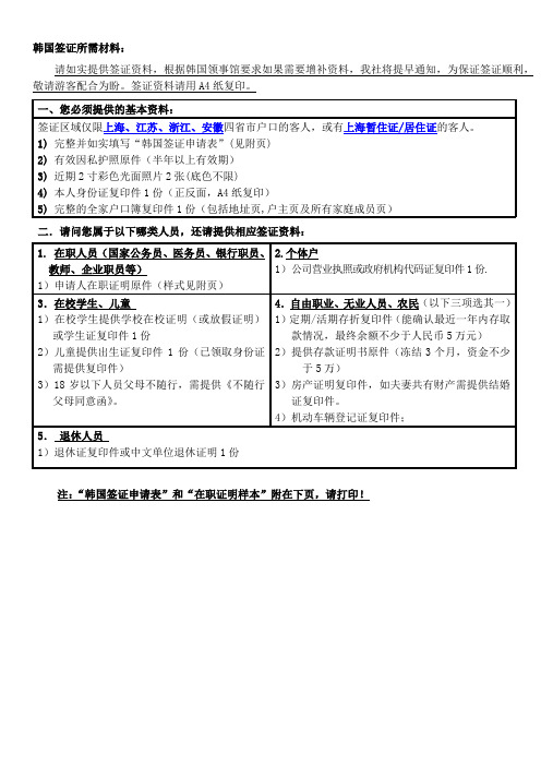 韩国签证所需材料