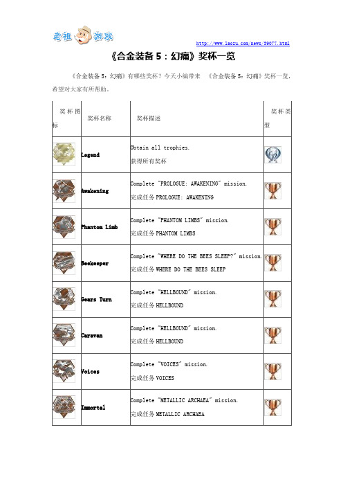 《合金装备5：幻痛》奖杯一览