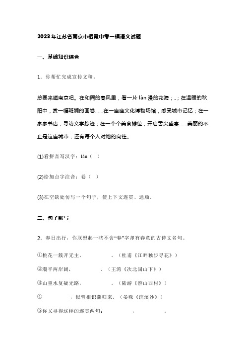 2023年江苏省南京市栖霞中考一模语文试题