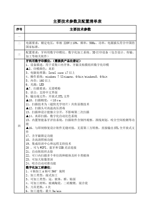 主要技术参数及配置清单表