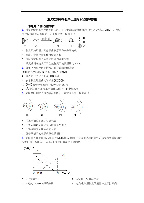 重庆巴蜀中学初三化学上册期中试题和答案