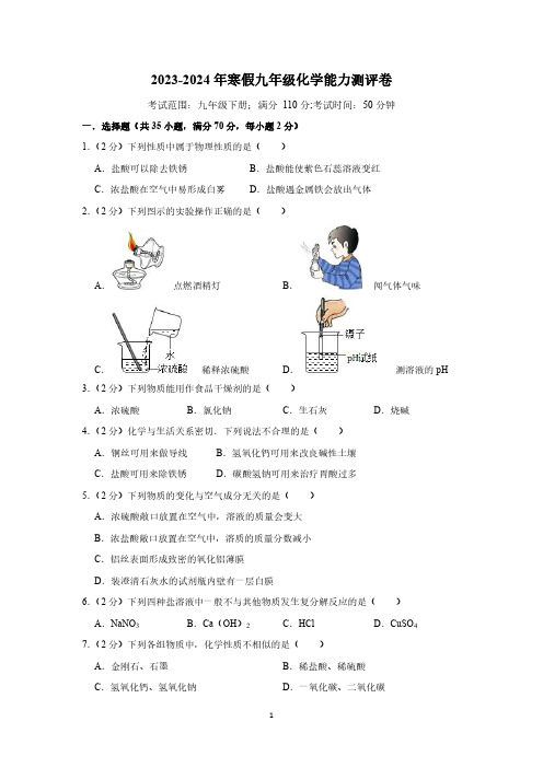 2023-2024年寒假九年级化学能力测评卷与答案