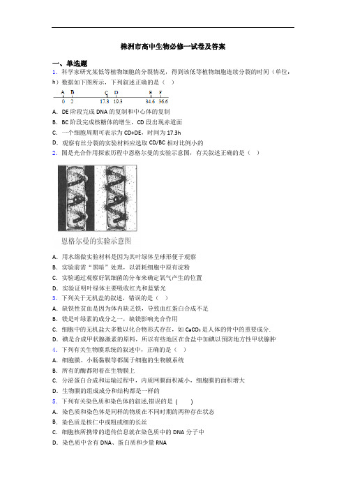 株洲市高中生物必修一试卷及答案