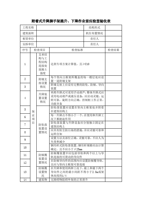 附着式升降脚手架提升、下降作业前应检查验收表