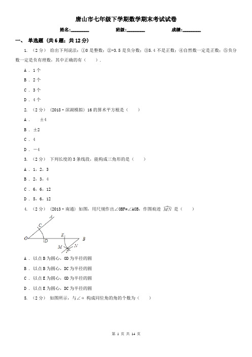 唐山市七年级下学期数学期末考试试卷