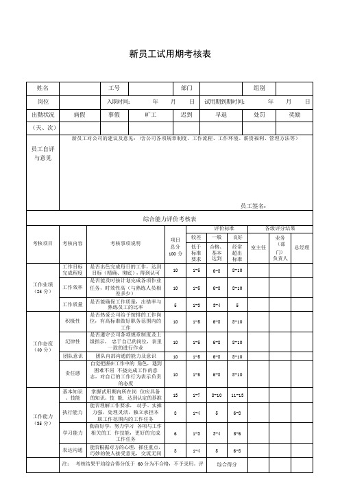 新员工试用期考核表