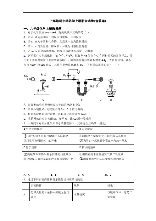 上海培明中学化学初三化学上册期末试卷(含答案)