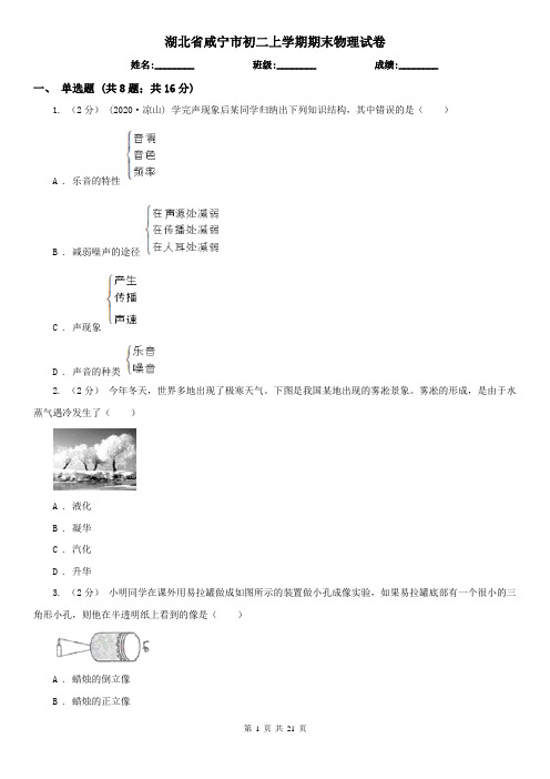 湖北省咸宁市初二上学期期末物理试卷