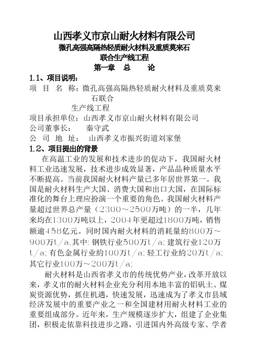 山西孝义市京山耐火材料公司微孔高强高隔热轻质耐火材料及重质莫来石生产线可行性研究报告