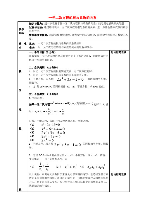 八年级数学下册 17.4 一元二次方程的根与系数的关系教案2 (新版)沪科版