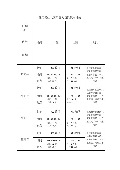 XX幼儿园用餐安排表2