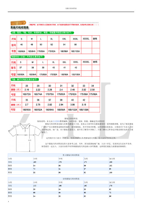 衣服尺码对照表(完美版)