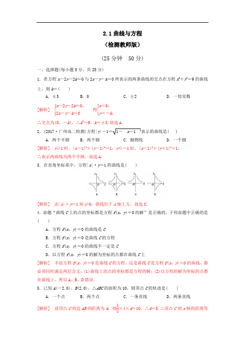 人教A版高中数学 选修2-1 2-1曲线与方程 检测教师版 