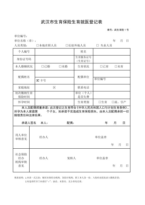 新版武汉市生育保险生育就医登记表