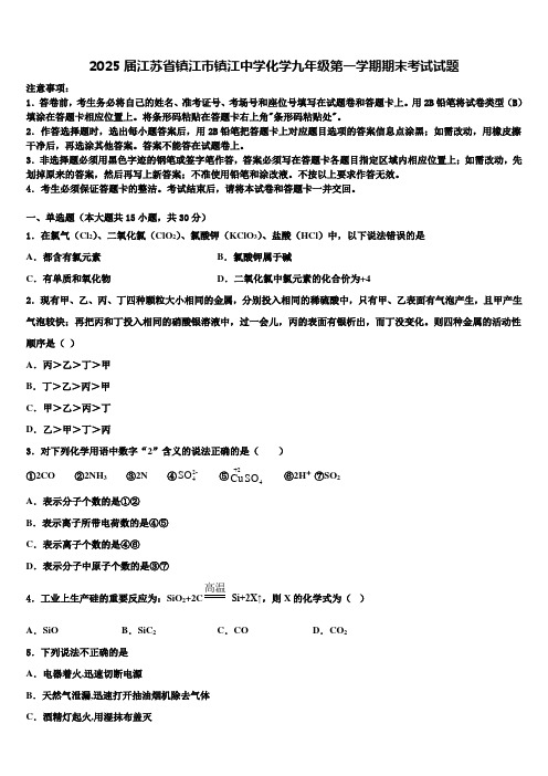 2025届江苏省镇江市镇江中学化学九年级第一学期期末考试试题含解析2