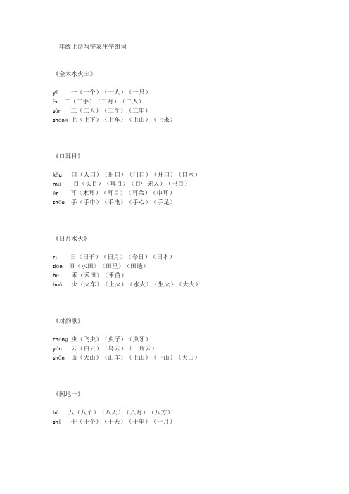 人教版一年级上册写字表组词