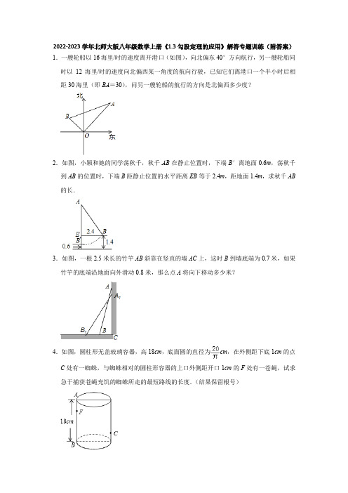 2022-2023学年北师大版八年级数学上册《1-3勾股定理的应用》解答专题训练(附答案)