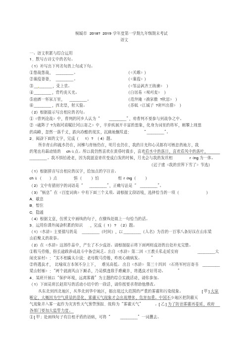 安徽省桐城市2019届九年级上学期期末考试语文试题及答案