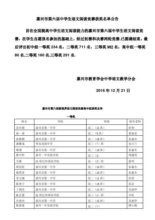 2016年嘉兴市第六届语文阅读竞赛获奖名单