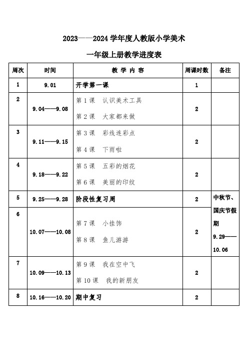 2023年秋学期人教版小学美术一年级上册教学进度表