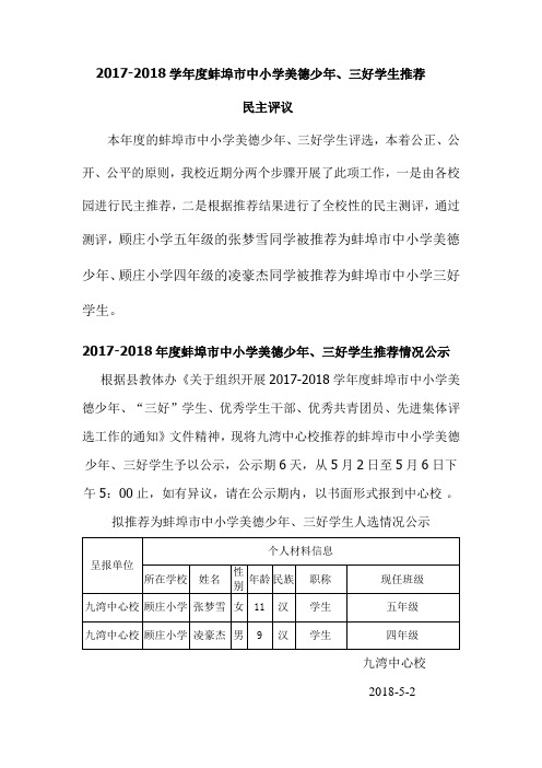 蚌埠市2017-2018学年度中小学美德少年、三好学生评选公示