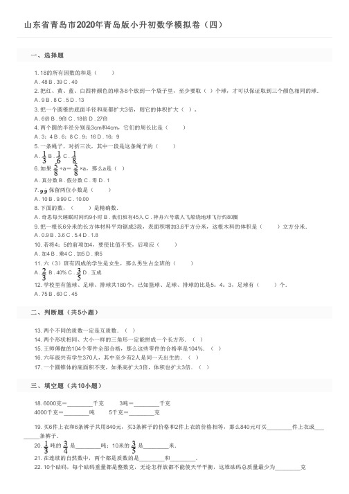 山东省青岛市2020年青岛版小升初数学模拟卷(四)及参考答案