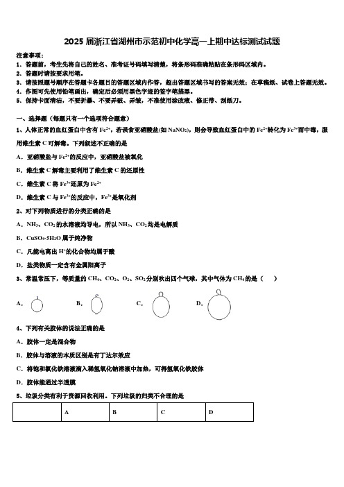 2025届浙江省湖州市示范初中化学高一上期中达标测试试题含解析