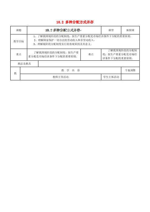 江苏新沂市第二中学九年级政治全册 10.2 多种分配方式并存教案 苏教版