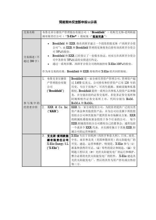 简易案件反垄断申报公示表