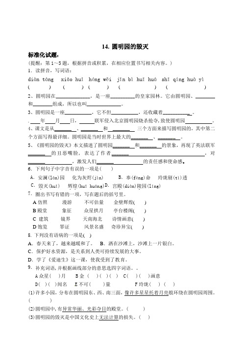 人教部编版五年级上册语文标准化试题14《圆明园的毁灭》(含答案)