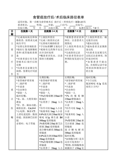 食管癌放疗术后临床路径表单