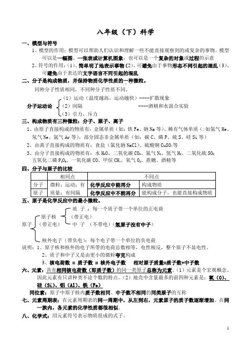 浙教版八下科学复习提纲