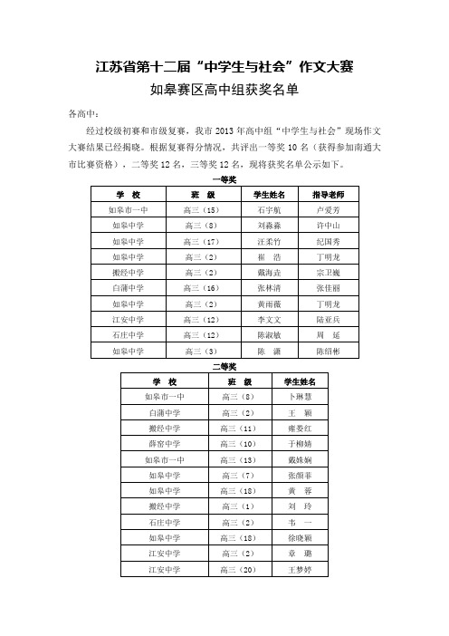 江苏省第十二届中学生与社会作文大赛