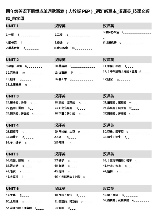 4,四年级英语下册重点单词默写表(人教版PEP)_词汇听写本_汉译英_按课文顺序_首字母