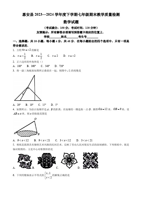 福建省泉州市惠安县2023-2024学年七年级下学期期末数学试题(含答案)