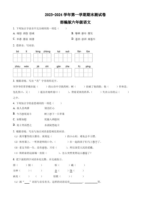 2023-2024学年部编版语文六年级上册《期末考试卷》附答案解析