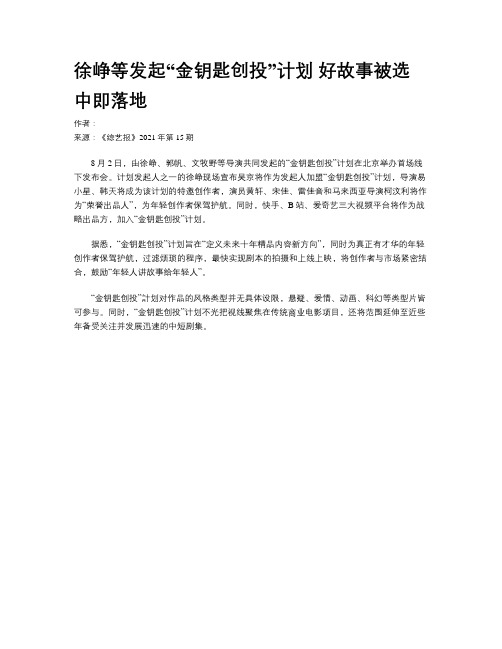 徐峥等发起“金钥匙创投”计划 好故事被选中即落地