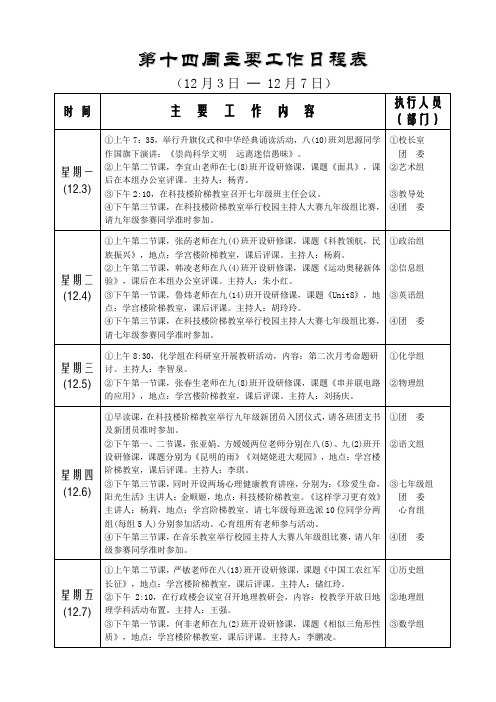 第十四周主要工作日程表