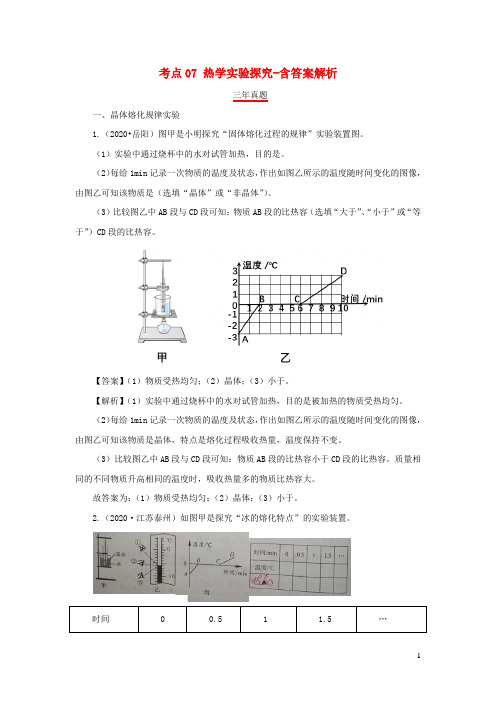 全国各地18年_20年中考物理真题分类详解汇编考点07热学实验探究含解析