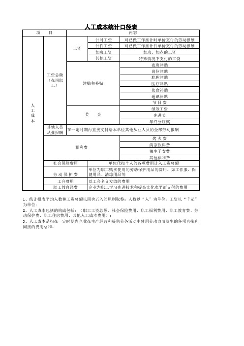 人工成本统计口径表