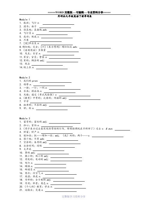 外研版初中英语九年级下册单词默写表