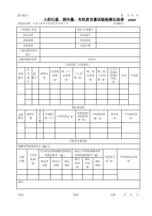 公路工程项目-JJ0106-土的比重、烧失量、有机质含量试验原始记录(模板)
