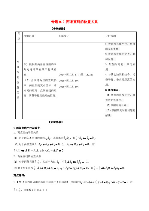 (浙江版)2018年高考数学一轮复习(讲+练+测)： 专题9.2 两条直线的位置关系(讲)