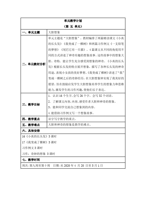 部编小学语文三年级下册第五单元备课计划