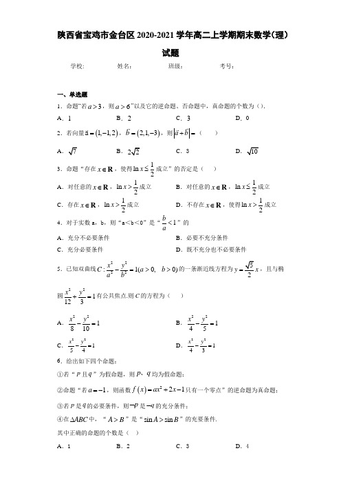 陕西省宝鸡市金台区2020-2021学年高二上学期期末数学(理)试题