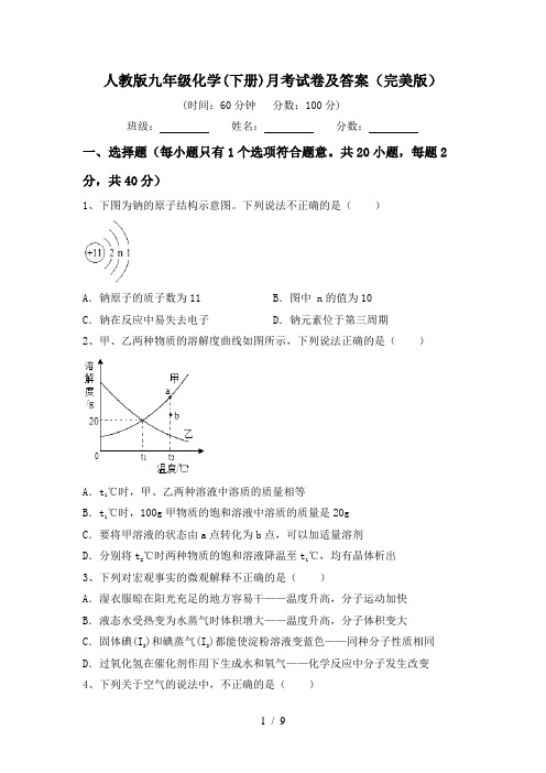 人教版九年级化学(下册)月考试卷及答案(完美版)