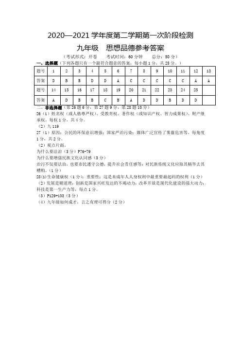 九年级政治参考答案